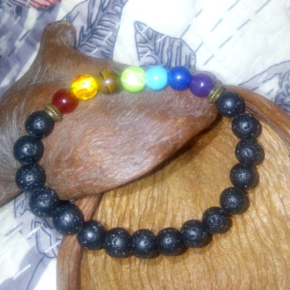 Chakra & Lava Beaded Stretch Bracelet NEW
